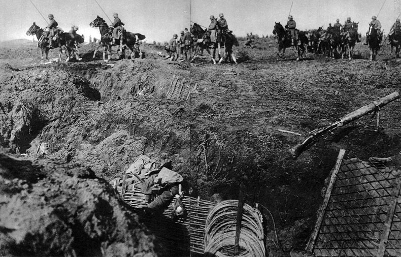 Kawaleria niemiecka po zdobyciu alianckich okopów - wiosna 1918 roku. Takie widoki należały w końcowym okresie wojny do rzadkości. Jazdę wprowadzano do walki na Froncie Zachodnim wówczas, gdy podjęta ofensywa rzeczywiście wypierała przeciwnika z zajmowanych przezeń pozycji. Kawaleria niemiecka po zdobyciu alianckich okopów - wiosna 1918 roku. Takie widoki należały w końcowym okresie wojny do rzadkości. Jazdę wprowadzano do walki na Froncie Zachodnim wówczas, gdy podjęta ofensywa rzeczywiście wypierała przeciwnika z zajmowanych przezeń pozycji.