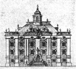 Gmach Biblioteki Za�uskich w Warszawie, wedle winiety z roku  1752. Mie�ci� si� tam jeden z najbogatszych w�wczas ksi�gozbior�w w Europie, w 1747 roku udost�pniony do u�ytku publicznego.