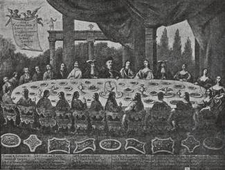 Ucztowanie s�u�y�o nie tylko zaspokojeniu g�odu, lecz by�o tak�e jedn� z ulubionych �wczesnych rozrywek. Szczeg�lnie wystawne by�y biesiady na dworze kr�lewskim i dworach magnackich. Na ilustacji: uczta u kr�la Jana III Sobieskiego w Jaworowie, 6 lipca 1684 (wed�ug wsp�czesnego obrazu)