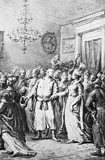 Du�e wra�enie na cudzoziemcach robi� polonez - dostojny taniec o ludowych korzeniach, popularny jednak w�r�d szlachty. Jego dostojno��, wsp�gra�a z powag� sarmackiego stroju, gestu i postawy; rysunek J. P. Norblina z 2 po�. XVIII w.