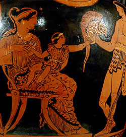 Andromacha, Hektor i Astyanaks. Apulijski krater czerwonofigurowy, IV w. p.n.e. (fot.: wikimedia)