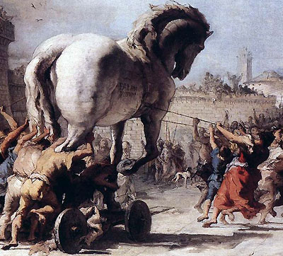 Wprowadzenie do Troi konia trojańskiego, mal. Giovanni Domenico Tiepolo (fot. wikimedia)